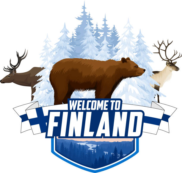 illustrazioni stock, clip art, cartoni animati e icone di tendenza di emblema della foresta invernale vector finland con orso, renna e alce - finlandia laghi