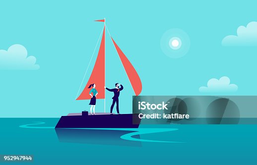 istock Vector flat business illustration with businessman & lady sailing on ship through ocean on blue clouded sky background. Motivation, achievements, new goals, aspiration, leadership, winner - metaphor. 952947944