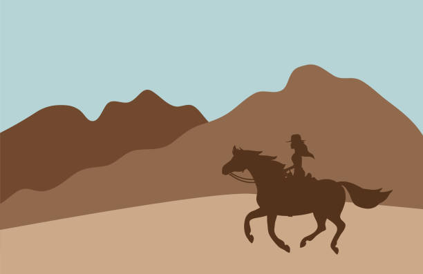 bildbanksillustrationer, clip art samt tecknat material och ikoner med vector flat cartoon cowboy woman silhouette riding horse - desert cowgirl