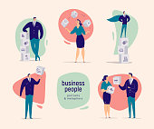 Vector flat cartoon illustration with business people office characters isolated on light background. Different business situation metaphors - achievements, planning, motivation, growth, partnership.