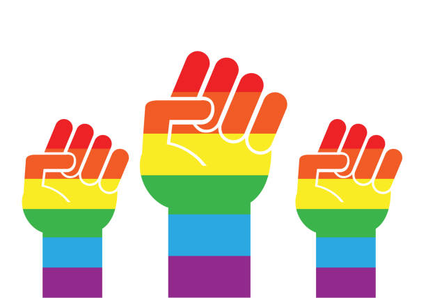 stockillustraties, clipart, cartoons en iconen met vector platte cartoon lgbt regenboogvlag drie vuist - gay demonstration