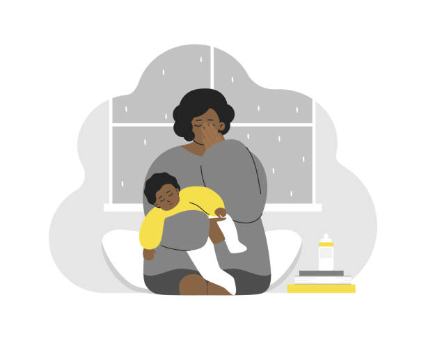 Vector flat concept. Problem of maternity - how to keep calm and mental health. Tired African American mother cries. She holds baby on hands. Mom feels stress, postpartum depression Vector flat concept. Problem of maternity - how to keep calm and mental health. Tired African American mother cries. She holds baby on hands. Mom feels emotional stress, anxiety, postpartum depression latin family stock illustrations