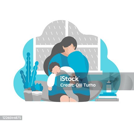 istock Vector flat concept. Tired crying mother with little baby on hands. Postpartum depression, emotional stress and anxiety in isolation at home. Problem of maternity to keep calm and mental health 1226544875