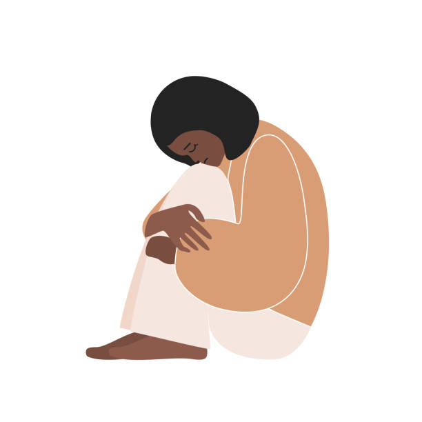 Vector flat concept with sad African American woman hugging her knees. Girl is in depressed mood. She feels professional burnout, tiredness and frustration Vector flat concept with sad African American woman sitting and hugging her knees. Girl is in depressed mood, needs to keep mental health. She feels professional burnout, tiredness and frustration pain clipart stock illustrations