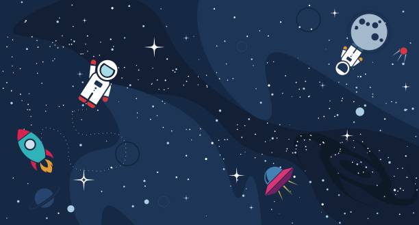 Vector flat cosmos design background Vector flat cosmos design background. Cute template with Astronaut, Spaceship, Rocket, Moon, Black Hole, Stars in Outer space copy space stock illustrations