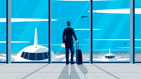 Vector flat illlustration of a businessman standing in the airport. Concept of a man wearing suit with suitcase standing in the airport lounge looking at the airfield. Departure awaiting hall interior
