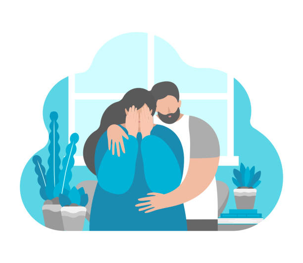 Vector flat illustration concept about mental health in family, importance to support partner in depression and stress. Mood swings of pregnant girls. Husband hugs crying and upset wife Vector flat illustration concept about mental health in family, importance to support partner in depression and stress. Mood swings of pregnant girls. Husband hugs crying and upset wife. unhappy couple stock illustrations
