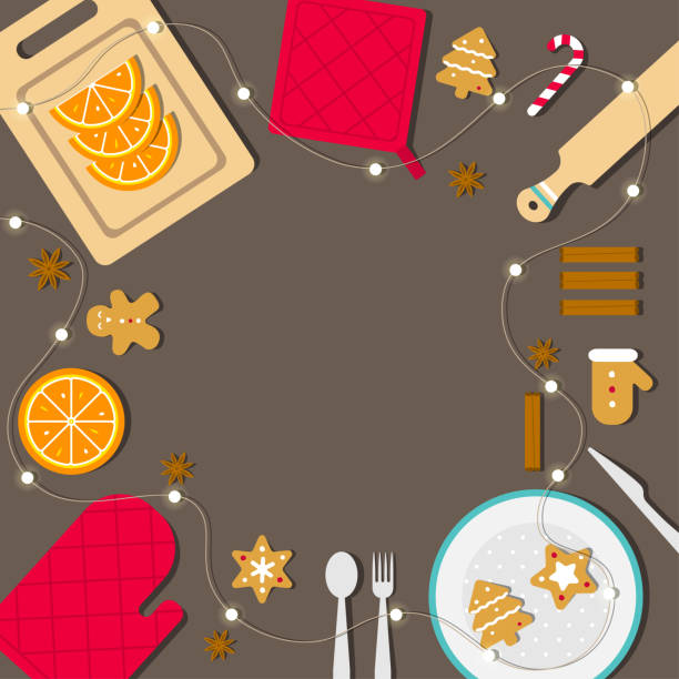 중앙에 복사 공간이 있는 벡터 플랫 일러스트 개념. 크리스마스 저녁 식사를 요리하는 음식. 화환으로 장식 된 테이블에 계피, 오렌지 및 주방 도구가있는 맛있는 향기로운 진저 브레드 쿠키 - christmas table stock illustrations