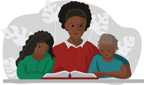Vector flat illustration family mom and children are reading a book. A black woman and a girl with a boy are sitting at a table and reading a book, doing homework.  african american mothers day stock illustrations