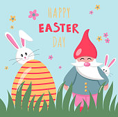 Vector flat illustration for Easter. Cute Easter gnome, bunnies and Easter egg on blue background. Happy Easter banner. EPS10. Modern minimalistic style.
