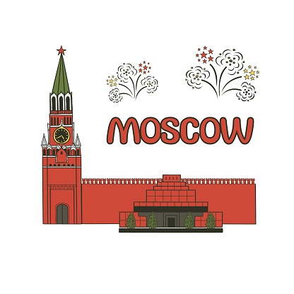 Vector flat illustration historical attractions of Moscow, Russia. Architectural monuments the Kremlin on the red square and mausoleum.. Place for tourists during the journey. Fireworks in the sky