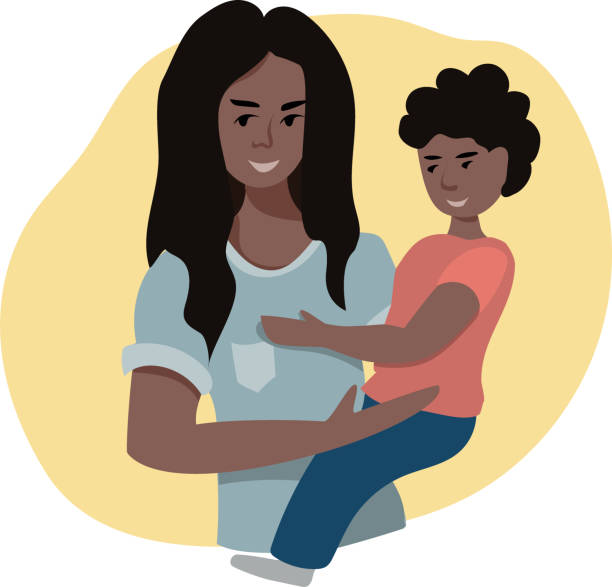 Vector flat illustration of a happy mom holding a loving child in her arms. African American woman with little boy  african american mothers day stock illustrations