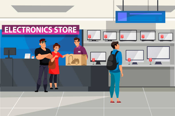 ilustrações de stock, clip art, desenhos animados e ícones de vector flat illustration of electronic store - balcão computador
