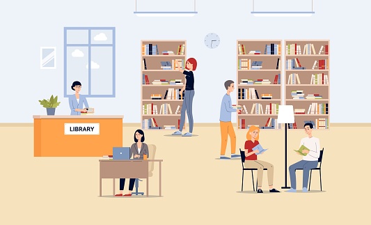 Vector flat illustration of indoor interior public library with people and books