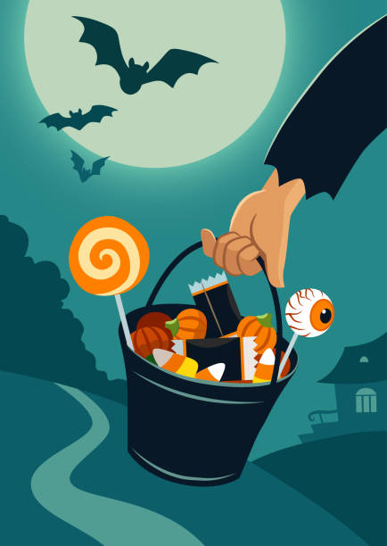 Vector flat illustration of person's hand carrying a trick-or-treat bucket full of Halloween candy, on a background of night landscape with trees and house in a distance, full moon, flying bats. Vector flat illustration of person's hand carrying a trick-or-treat bucket full of Halloween candy, on a background of night landscape with trees and house in a distance, full moon, flying bats. trick or treat stock illustrations