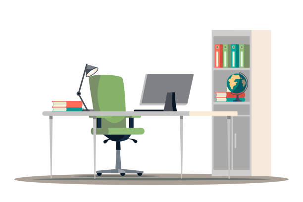 Vector flat Illustration office interior design Vector flat Illustration of office interior design. Table, computer monitor, desk lamp, comfortable chair. Shelf cabinet, folders, books, globe in bookcase. Workspace area, workplace, modern furniture modern office stock illustrations