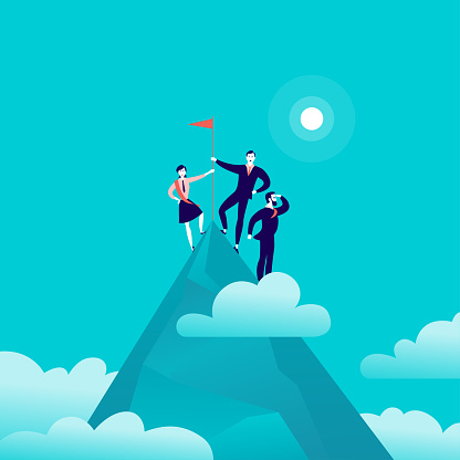 Vector flat illustration with business people standing on mountain peak top holding flag on blue clouded sky background. 2