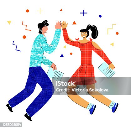 istock Vector flat illustration with happy young couple who give five in jump. 1255031054