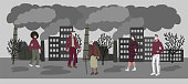 Vector hand drawn illustration with women and men in mask. People wearing mask against smog and walking the street. City landscape chimneys emit smoke harmful emissions polluted air poor ecology in the city. Air pollution in modern city concept