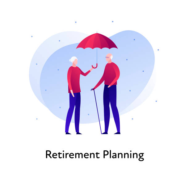 向量平面保險橫幅範本插圖。老年家庭人保險概念。高齡男性和女性拿著白底傘。海報、ui、web 的業務設計項目。 - 退休 插圖 幅插畫檔、美工圖案、卡通及圖標