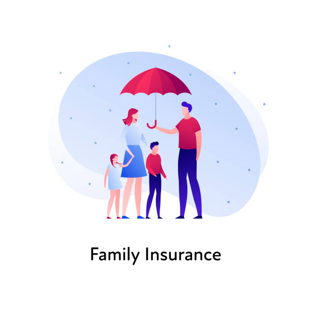 벡터 평면 보험 배너 템플릿 그림입니다. 가족 보험 개념. 흰색 배경에 우산을 들고 아이를 가진 부모. 포스터, ui, 웹을위한 비즈니스 디자인 요소. - 보험 stock illustrations