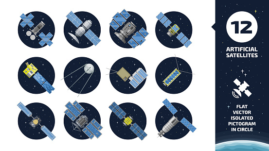 12 vector flat isolated color communication artificial satellite icon in circle space background with GPS tracking radar station, solar panel and dish.