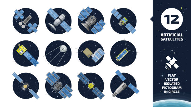 12 vektör düz izole renk iletişim yapay uydu simgesi gps izleme radar istasyonu, güneş paneli ve çanak ile daire alan arka plan. - yapma uydu stock illustrations