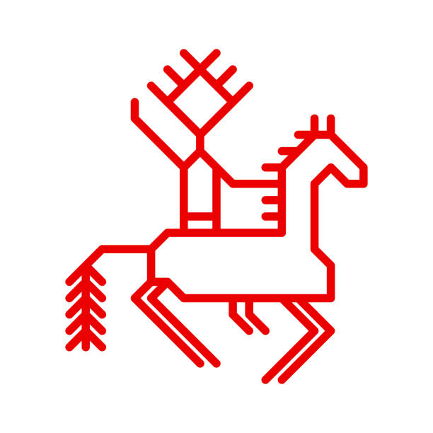 vector flat isolated ornamental illustration has red simple symbol of horse and man on back. outline icon with foal and rider is traditional decorative element of karelian and finnish peoples - 北卡累利阿區 芬蘭 幅插畫檔、美工圖案、卡通及圖標