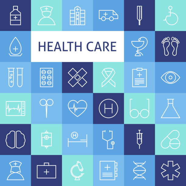 Vector Flat Line Art Modern Healthcare and Medicine Icons Set Vector Flat Line Art Modern Healthcare and Medicine Icons Set. Medical and Health Care Icons Set over Colorful Tile. Vector Set of 36 Healthy Lifestyle Modern Line Icons for Web and Mobile doctor backgrounds stock illustrations