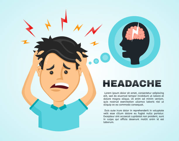 Vector flat man with a headache, Vector flat man with a headache, compassion fatigue, a with a disease of the head, an office worker holding his head with his hands and feels anguish. migraine, health problems and pain head stress headache cartoon stock illustrations