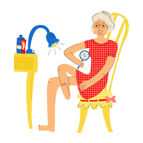 Vector flat of elderly woman examining her foot with magnifying glass. Vector flat of elderly woman examining her foot with magnifying glass. Concept of foot care for elderly, timely diagnosis problems, diabetic foot, nail fungus, rules for wearing comfortable shoes. foot exam diabetes stock illustrations