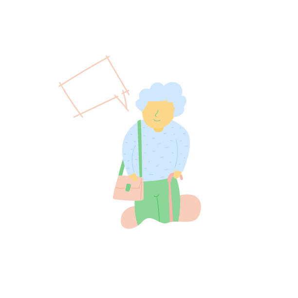 ilustrações de stock, clip art, desenhos animados e ícones de vector flat old woman with wand walking - wheelchair street happy