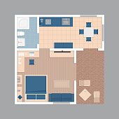 Vector flat projection apartment. Small house plan with furniture. Colorful illustration.