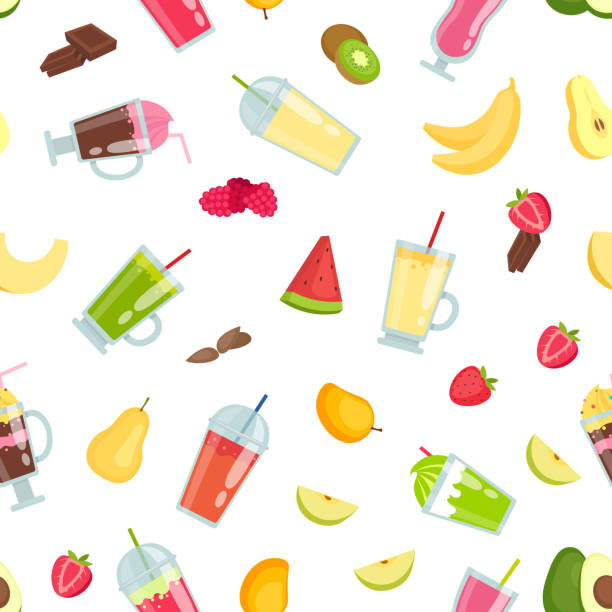 Vector flat smoothie elements pattern or background illustration Vector flat smoothie elements pattern or background illustration. Pattern drink fresh, cocktail beverage smoothie smoothie backgrounds stock illustrations