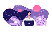 Vector flat style illustration of a young beautiful woman with laptop surrounded by tropical leaves.