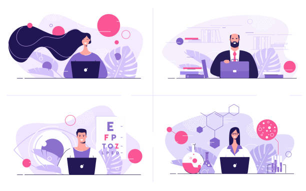 Vector flat style illustrations depicting different specialists Vector flat style illustrations depicting different specialists. doctor backgrounds stock illustrations