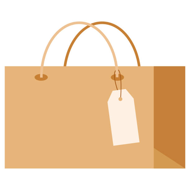 ilustrações de stock, clip art, desenhos animados e ícones de vector flat template kraft color blank paper shopping eco bag in-store purchases with tag isolated on white background. - paper bag craft