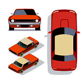 Vector flat-style cars in different views. Red muscle car sedan isometric 3d view illustration