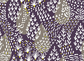 Vector floral seamless pattern with abstract flat botanical doodle elements such as plants, flowers, trees and grass. Nature background for textile, fabric, surface, wallpaper or wrapping.
