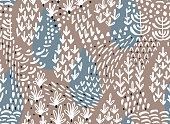 Vector floral seamless pattern with abstract flat botanical doodle elements such as plants, flowers, trees and grass. Nature background for textile, fabric, surface, wallpaper or wrapping.