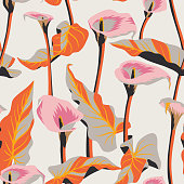 Vector floral seamless pattern with exotic calla flowers. Anthurium or flamingo flowers. Hawaiian, jungle plant pattern. Summer floral elements. Botanical illustration for textile, fabric and wrapping
