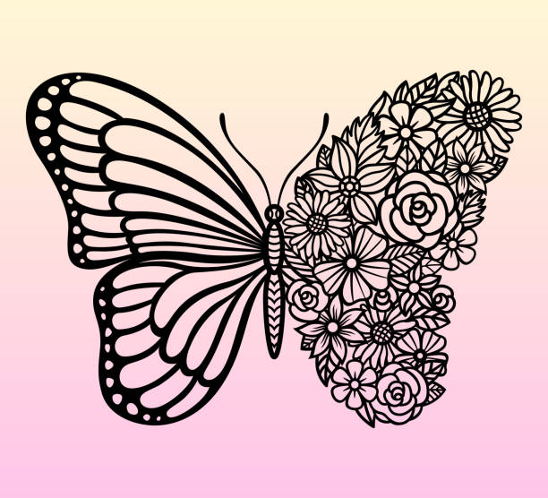 Vector flower butterfly. Insect silhouette. Template for laser and paper cutting. Vector flower butterfly. Insect silhouette. Template for laser and paper cutting, printing on a T-shirt, mug. Flat style. Hand drawn decorative element for your design. butterfly flower stock illustrations