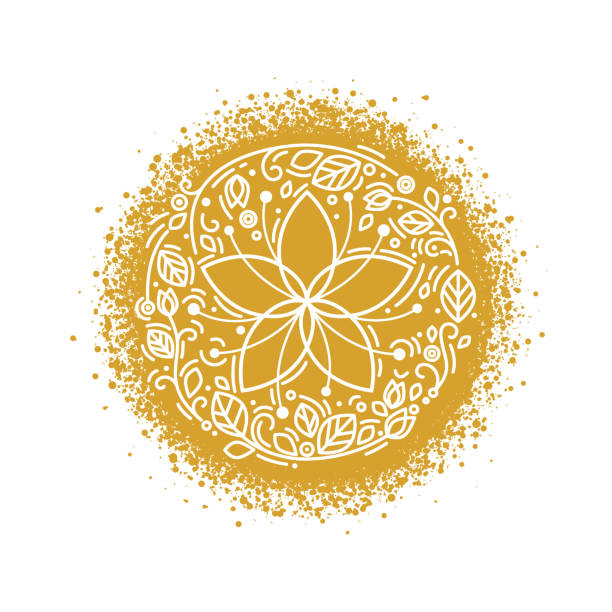 Vector flower circle emblem. Golden color Vector flower circle emblem. Golden color. Yoga concept. Linear style art for fashion, beauty salon, spa, eco, floral or jewelry store brand identity, cosmetics. Art school emblem yoga borders stock illustrations