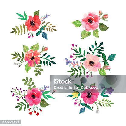 istock Vector flowers set. Floral collection with watercolor leaves and flowers. 522723896