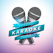Vector Flyer illustration on a Karaoke Party theme with microphones and ribbon on violet background