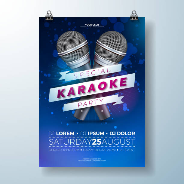 stockillustraties, clipart, cartoons en iconen met flyer illustratie op een karaoke-partijthema vector met microfoons en lint op donker blauwe achtergrond. - karaoke