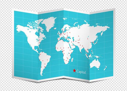 Vector folded World map with capital city