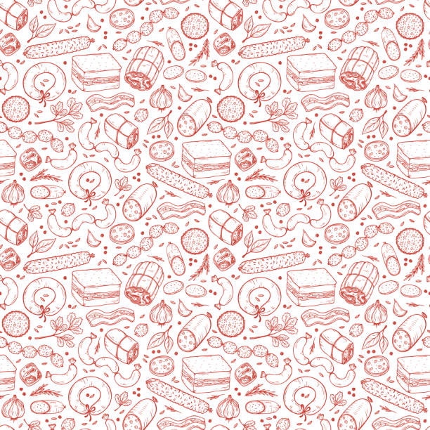 음식 배경 벡터. 소시지 완벽 한 패턴입니다. 육류 제품 벡터: 준비 소시지, 베이컨, saveloy, 소시지, 매운 페퍼로니, 훈제 소시지, 살라미 소시지, 구운된 고기, frankfurters 슬라이스 - meatloaf stock illustrations
