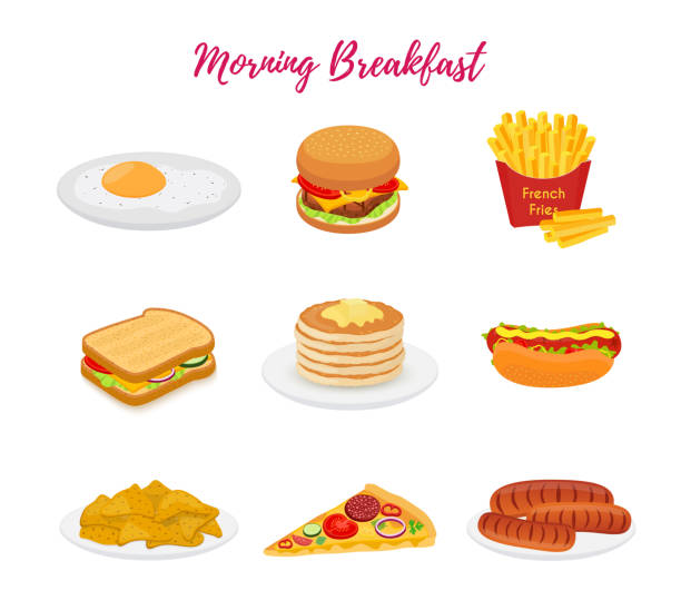 stockillustraties, clipart, cartoons en iconen met vector voeding voor ontbijt, brunch set voor restaurants, menu - plate hamburger