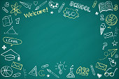 Vector frame back to school with education doodle icon symbols on green chalkboard. EPS10.